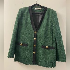 Zara Tweed Blazer - Green with black trim and gold buttons